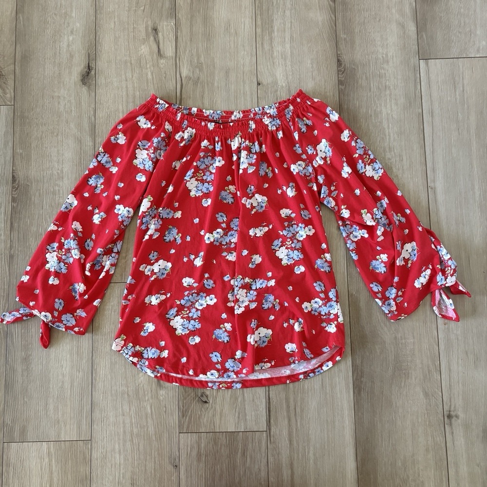 Lauren Ralph Lauren Red Floral Off The Shoulder Top Womens Size Medium M
